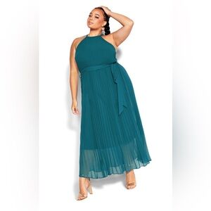 Teal Pleated Chiffon Dress